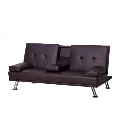 SOFA CAMA CON SOPORTE DE VASOS, DE CUERO, PATAS DE METAL