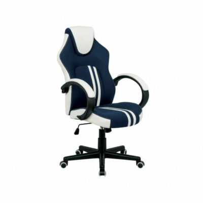 Silla gamer azul y blanca con mecanismo mariposa