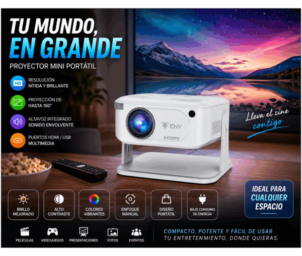Proyector ENV Snapview | 200 ANSI, 40-200 pulgadas, Negro, Wi-Fi, HDMI, LED Mini Proyector ENV Snapview Pórtatil