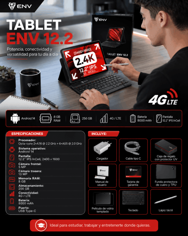 Tablet ENV Pad Pro | 12.2 pulgadas, 256 GB, 8 GB RAM, 4G LTE, Android 14 Tablet ENV Pad Pro 8+256Gb LTE 12.2”