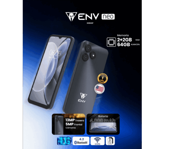 Celular ENV Neo | 128 GB, 4 GB RAM, Negro, DUAL SIM AZUL
