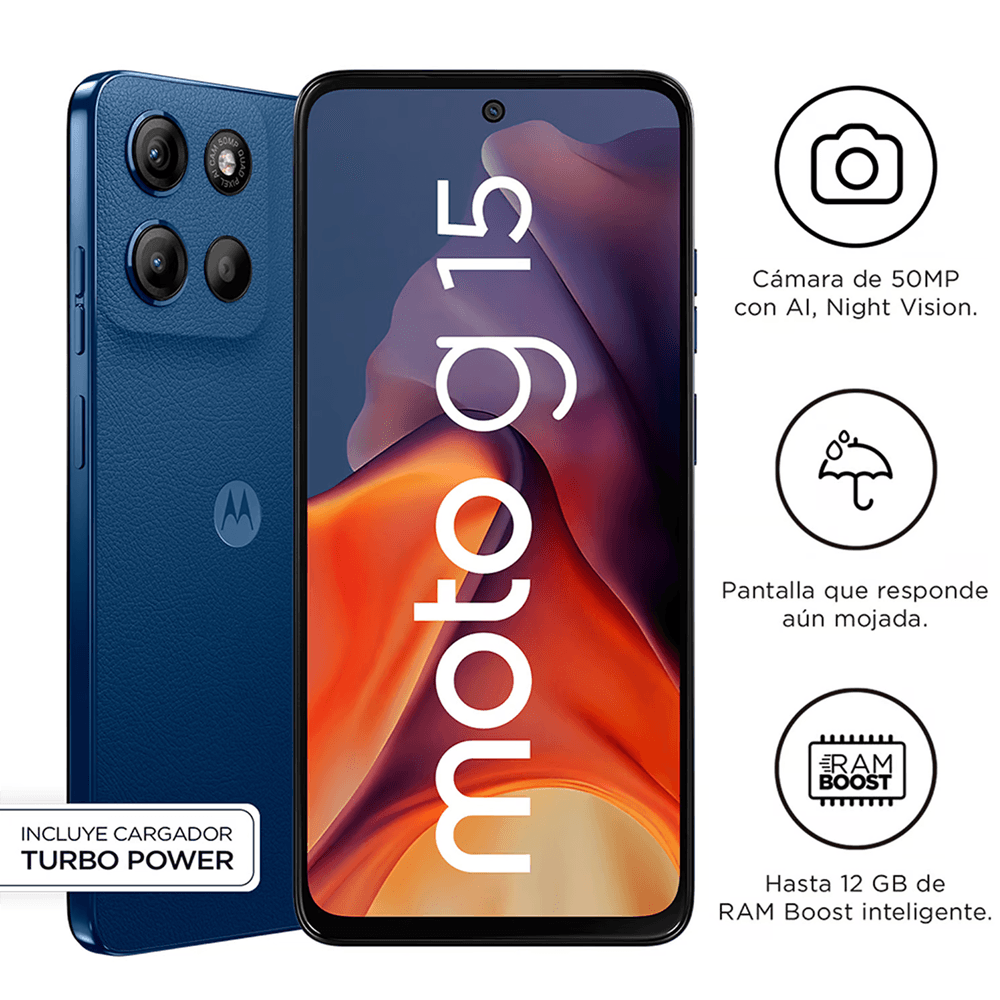 Celular Motorola G15 | 512 GB, 4 GB RAM, color celeste, Dual SIM AZUL