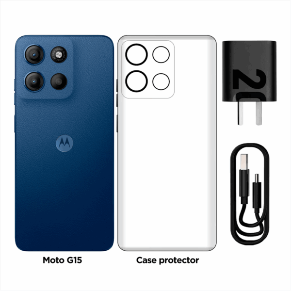 Celular Motorola G15 | 512 GB, 4 GB RAM, color celeste, Dual SIM AZUL