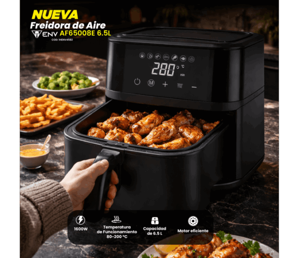 Freidora de aire ENV AF65008E 6.5 litros | 1600 W, 110 V, con control de temperatura, superficie antiadherente Freidora de Aire ENV AF65008E 6.5L