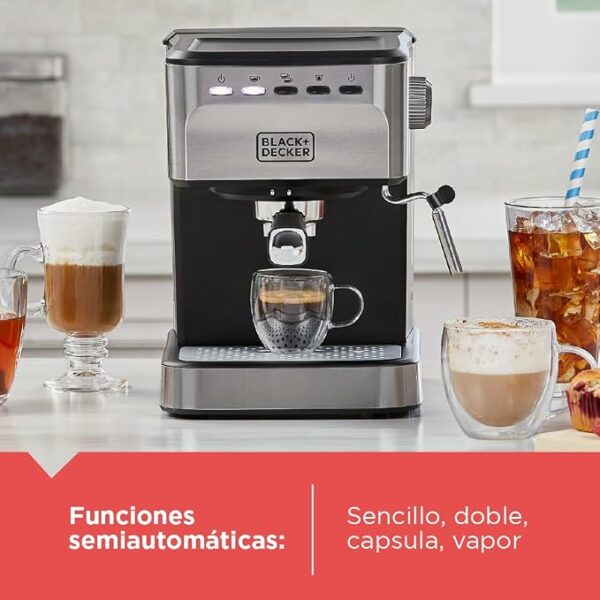CAFETERA EXPRESO-CAPUCHINO-LATE-AMERICANO BLACK DECKER 1100W 20 BARES 1.5LTS ACERO INOX. NEGRO