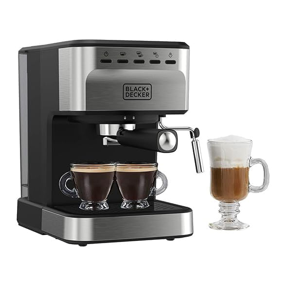 CAFETERA EXPRESO-CAPUCHINO-LATE-AMERICANO BLACK DECKER 1100W 20 BARES 1.5LTS ACERO INOX. NEGRO