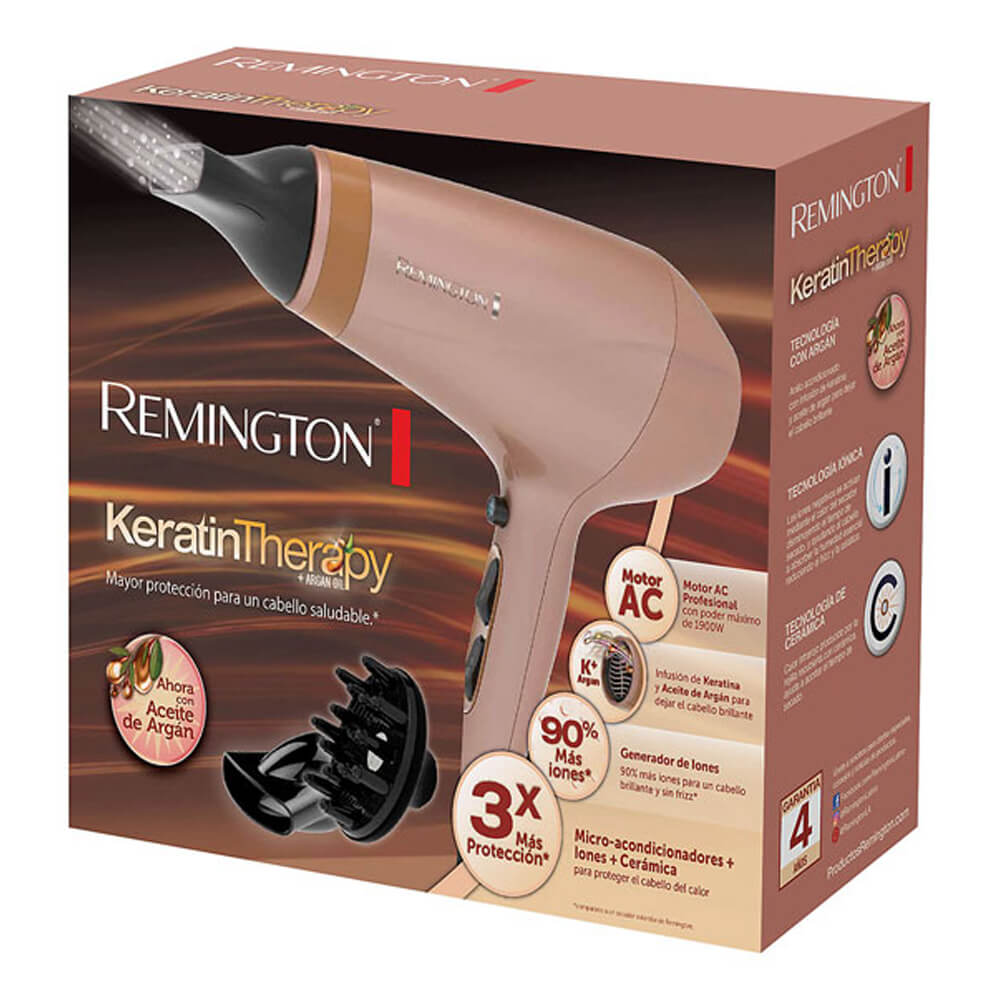 SECADOR DE CABELLO REMINGTON CON TERAPIA DE KERATINA 1900W 3 AJUSTES 2 VEL. ROSADO