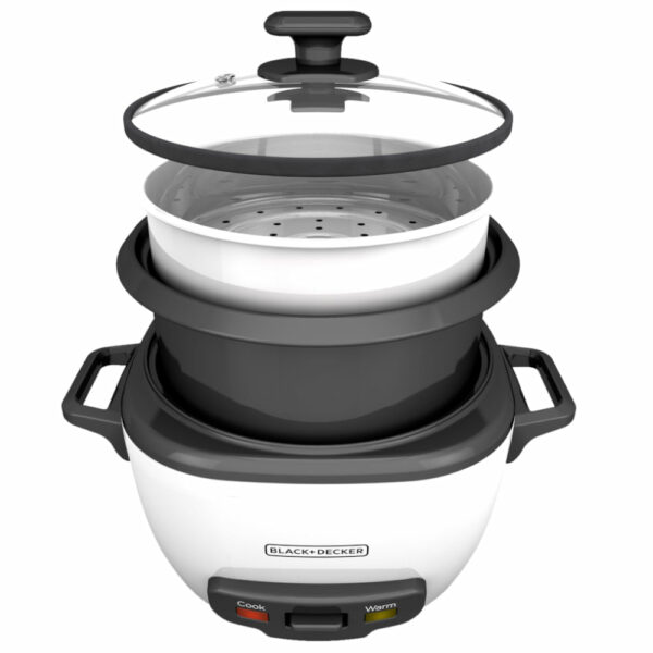 OLLA ARROCERA BLACK DECKER CAPACIDAD 7 TZS CRUDAS 14 TZS COCIDAS 1,2 LTS TAPA VIDRIO MULTIUSOS BLANCA