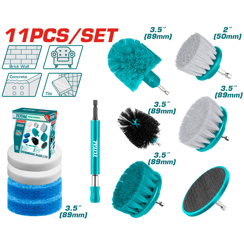 TACB1101.jpg Cepillos de limpieza c/cerdas multiproposito adaptable p/taladro; set 11pcs; vástago 1/4" Super TOTAL Cepillos de Limpieza