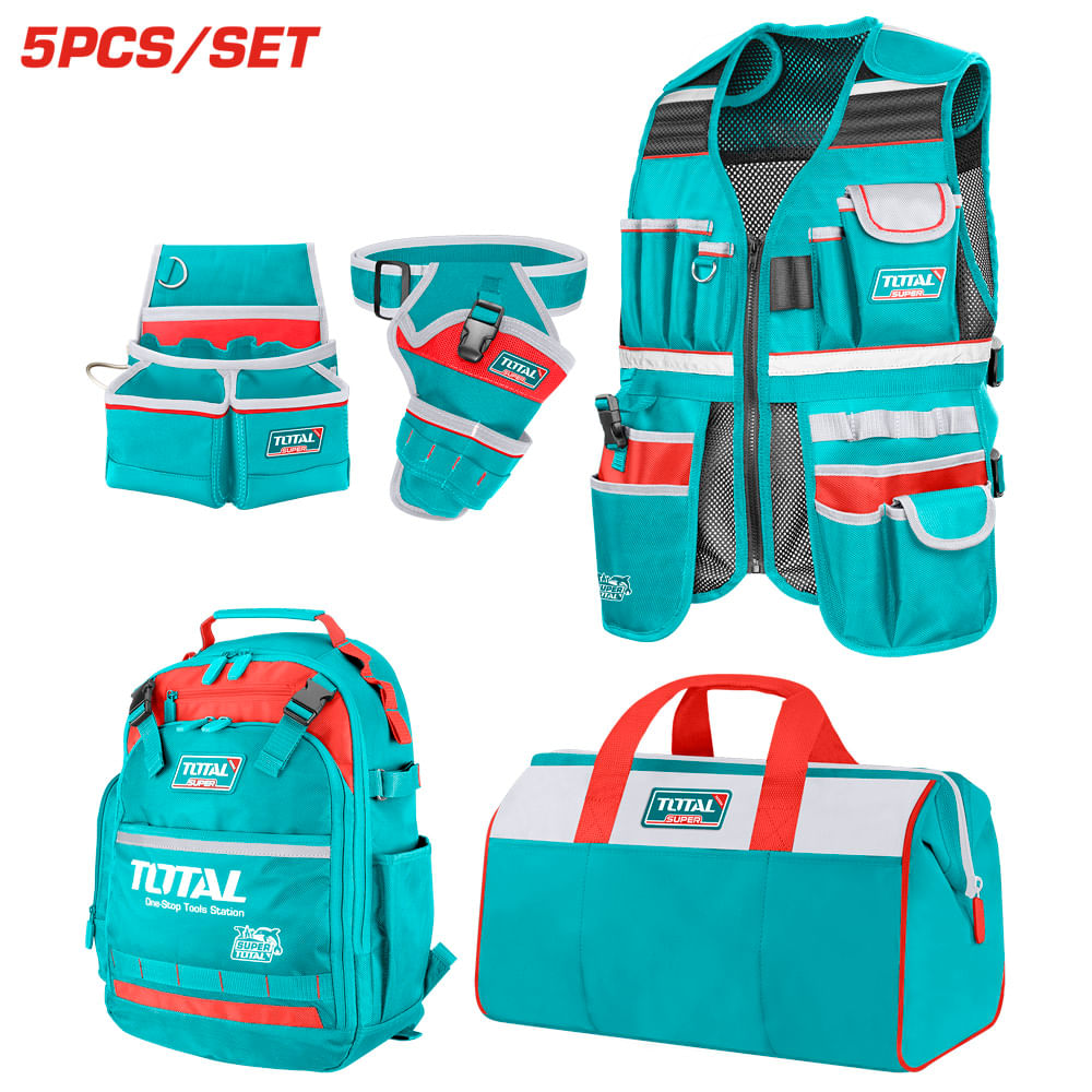 Kit comb. p/herramienta 5pcs; 2 Bolsos Portaherramientas+1 Mochila+1bolso p/taladro+1 chaleco Oxford Super TOTAL DDD Kit Comb.