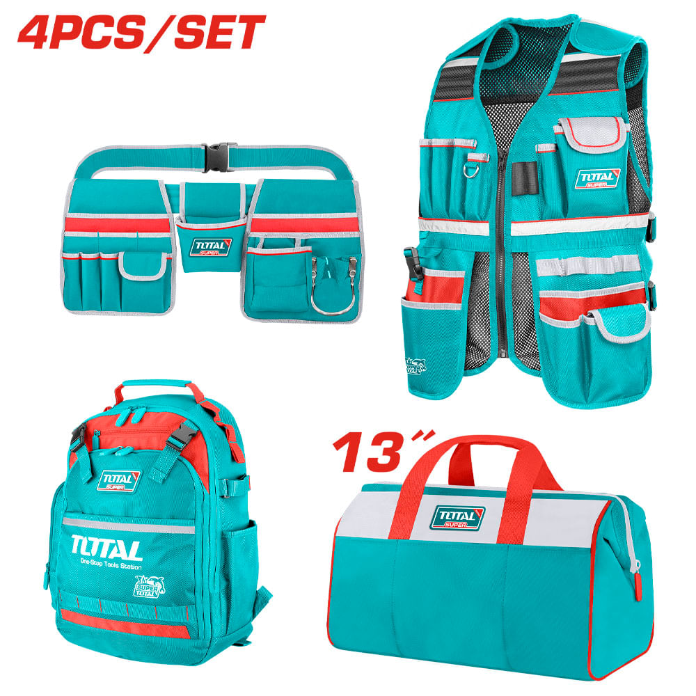 Kit comb p/herramientas 4pcs; Chaleco, Porta herramientas, Maleta y bolso Super TOTAL Kit Comb.
