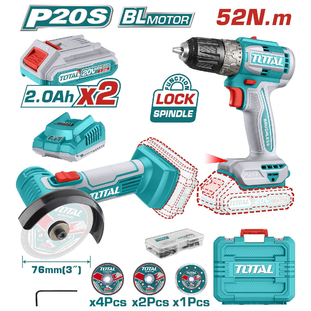Kit comb. Inal.  20V Ind.; Amoladora angular 3" + taladro atornillador 3/8"; incl. 2bat 2.0Ah y carg.; Super TOTAL Kit Comb.