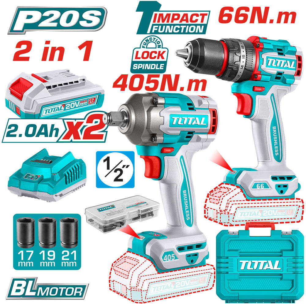 UTCKLI20286.jpg Kit comb. Inal. 20V Ind; Taladro de impacto 1/2" 66Nm+Llave de Impacto 1/2" 555Nm; c/acces; Incl. 2bat. 2.0Ah y carg. Super TOTAL Kit Comb.