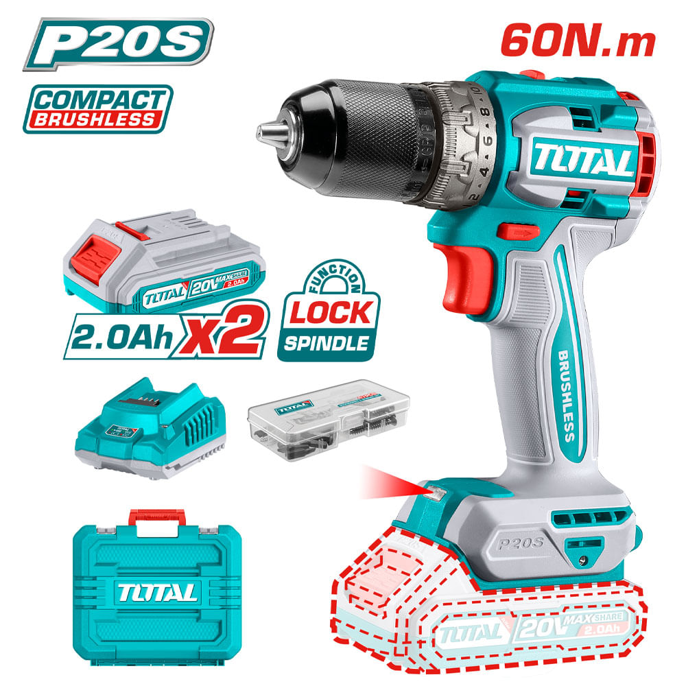 UTDLI20602.jpg Taladro Inal. Atornillador Indust. 20V 1/2" SUPER TOTAL 60Nm motor BL47 acc. incl. 2bat. 2.0Ah y 1 carg. Taladro Atornillador