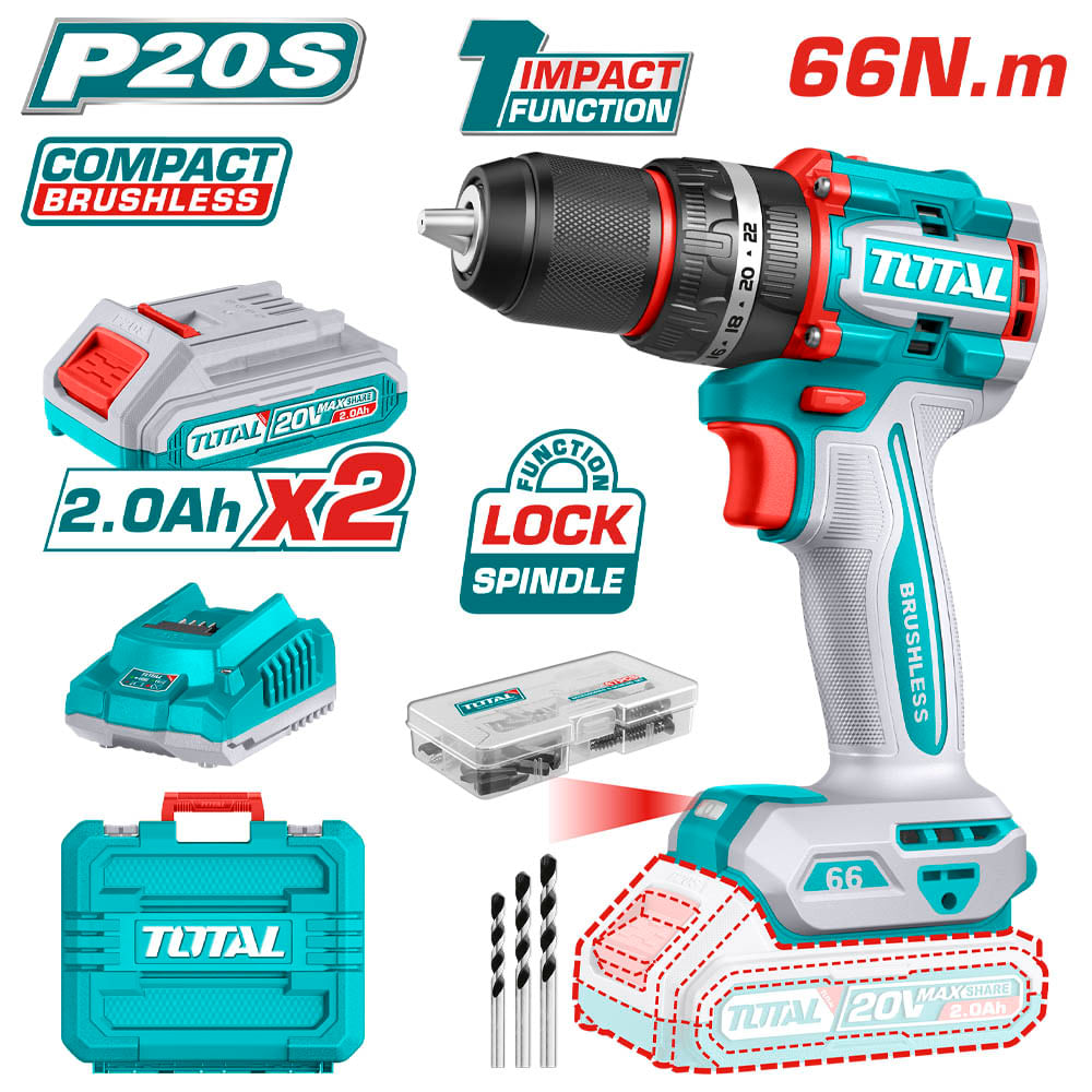 UTIDLI20668.jpg Taladro Inal. Percutor Indust. 20V 1/2" SUPER TOTAL 66Nm incl. 2 bat. 2.0Ah, cargador y acces. Taladro Percutor