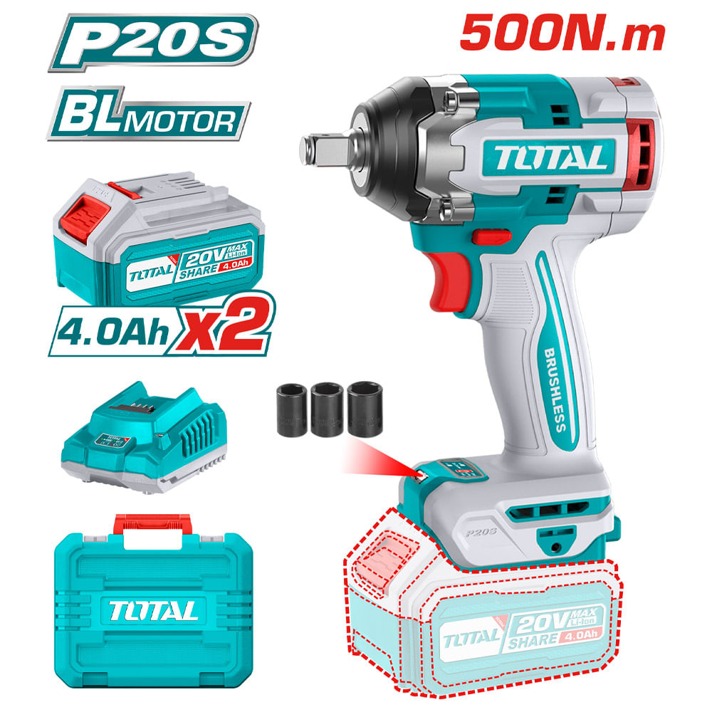 Llave de Impacto Inal. 20V 1/2" 500Nm Dado cuadradro Motor BL; incl. 2 bat. 4.0Ah y cargador Super TOTAL Llave de Impacto
