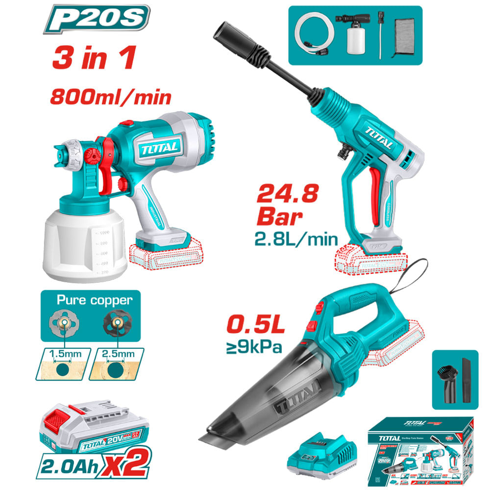 UTOSLI230522.jpg Kit comb. Inal. 20V; Pistola p/pintar 0,1-0,2 bar+Hidrolavadora jet 2.8L/min+Aspiradora d/mano 0,5L SUPER TOTAL Kit Comb.