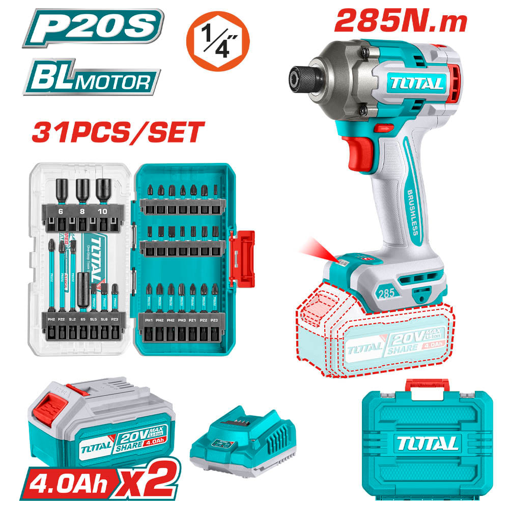 Kit comb. Inal 20V; Atornillador de impacto 285Nm + set puntas destornillador 31pcs; incl. 2 bat. 4.0Ah y carg. Super TOTAL Kit Comb.