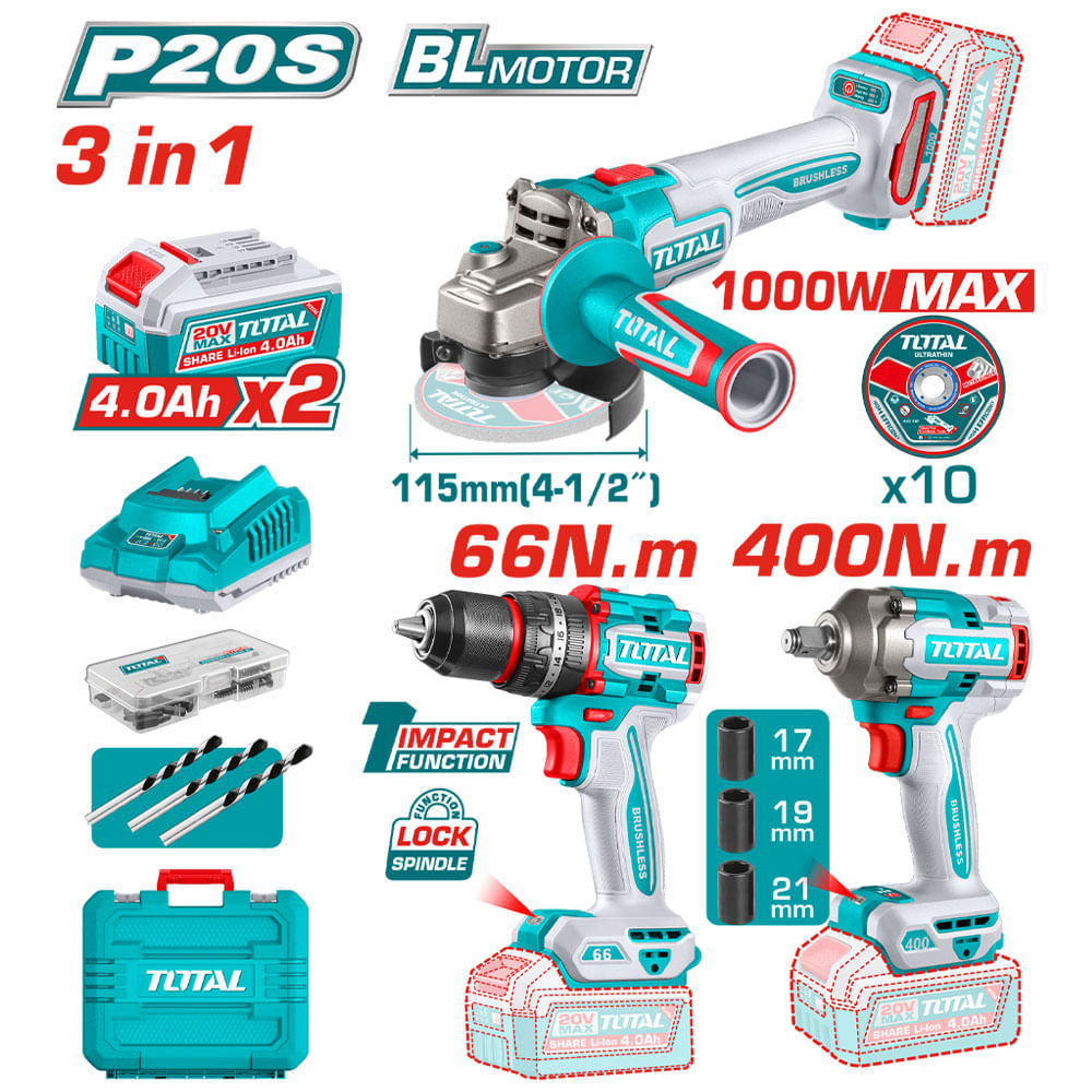 UTOSLI241291.jpg Kit comb. Inal. Ind. 20V; Llave de impacto 1/2" 400Nm c/acces.+Taladro de impacto 1/2" 66Nm+Amoladora 4 1/2"; incl. 2 bat. 4,0Ah y carg. SUPER TOTAL Kit Comb.