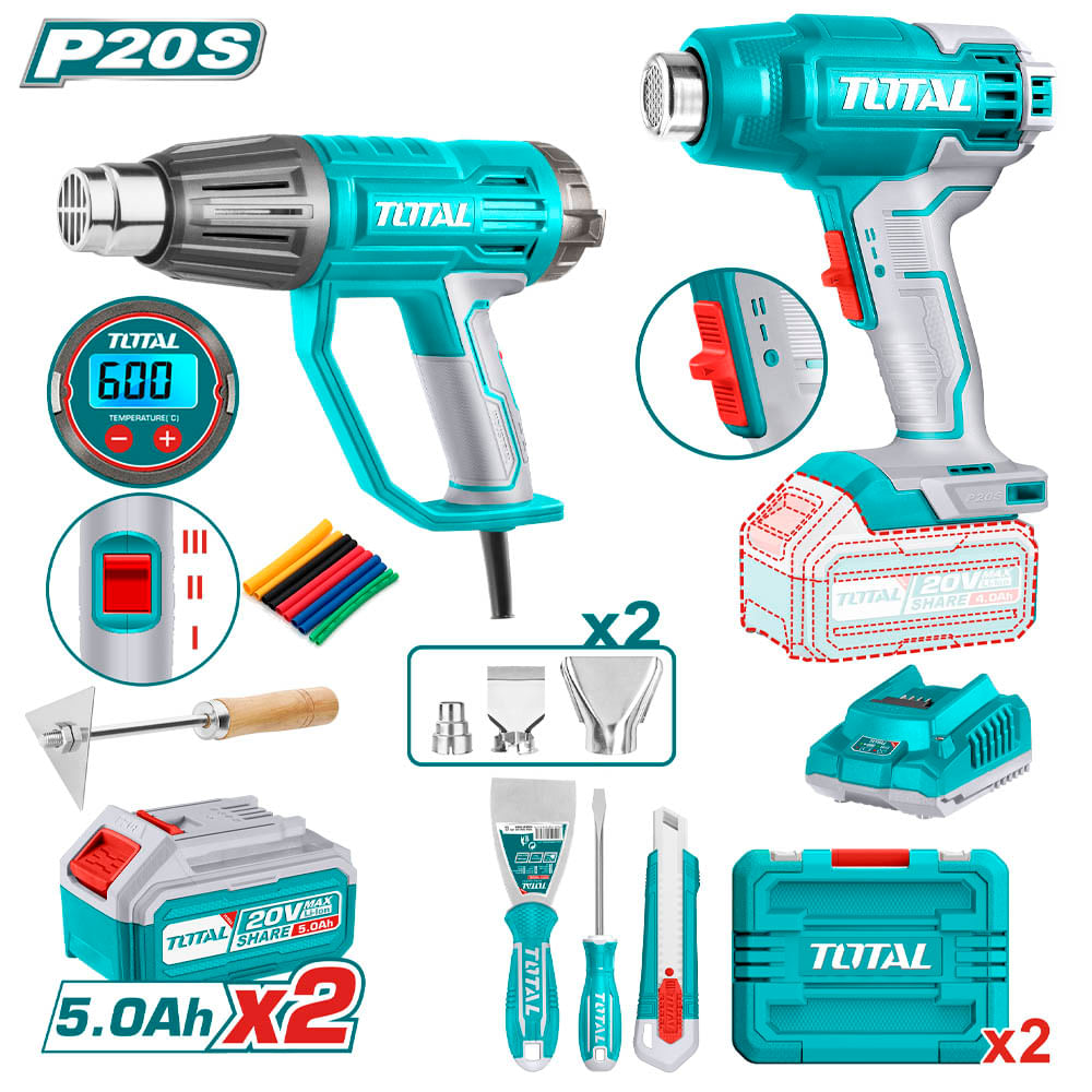 Kit comb. Pistola de calor Inal. 20V + Pistola de calor 1600W pantalla LCD + acces.+ 2 bat. 5.0Ah y carg. Super TOTAL DDD Kit Comb.