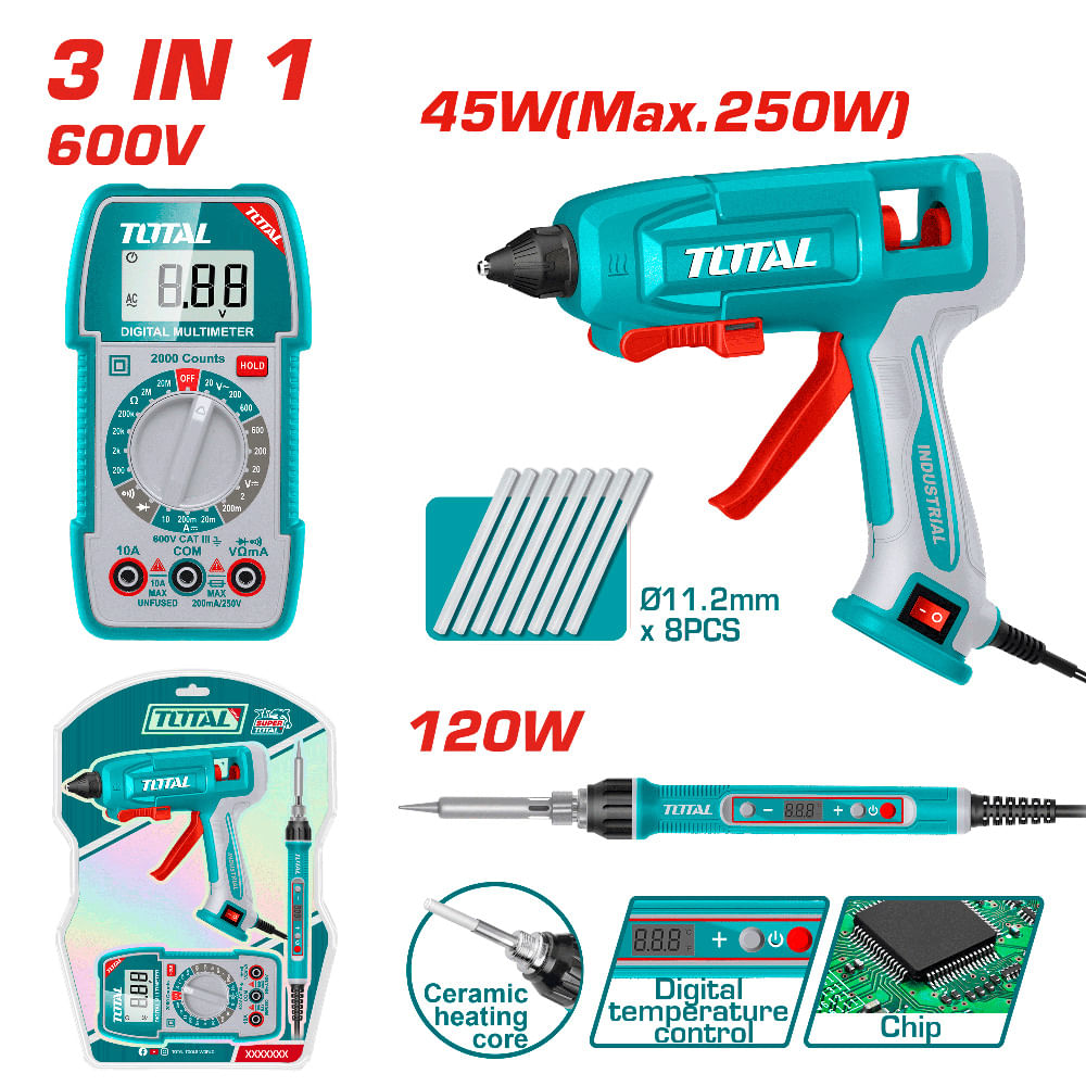 UTTCK250716.jpg Kit comb. 3 en 1 Ind.; Pistola de Silicona 45W+Cautin 120W+Multim. 600V 2k conteos, Barras silic., c/soporte, 2 pilas AAA; Super TOTAL Kit Comb.