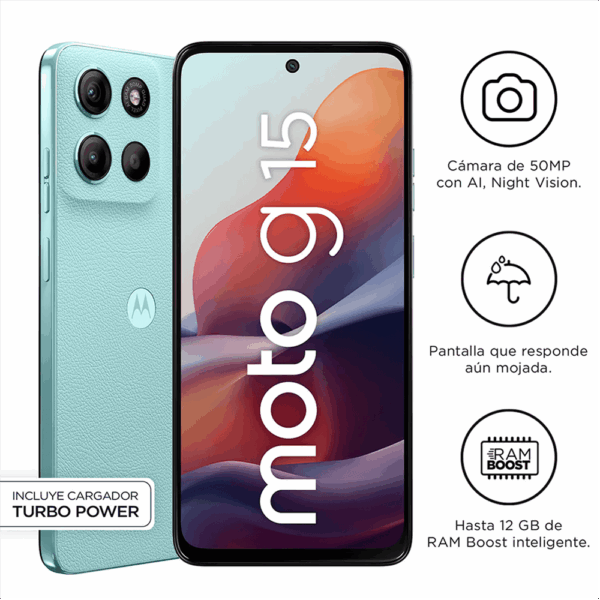 Celular Motorola G15 | 512 GB, 4 GB RAM, color celeste, Dual SIM CELESTE