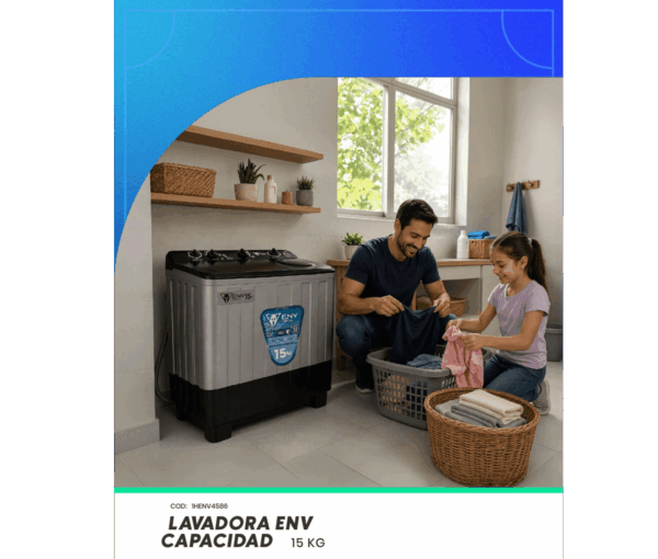 1henv4586_post.png Lavadora Semiautomática ENV TECH 15 KG | Doble carga, Plástico, 110 V Lavadora Semiautomática ENV TECH 15KG